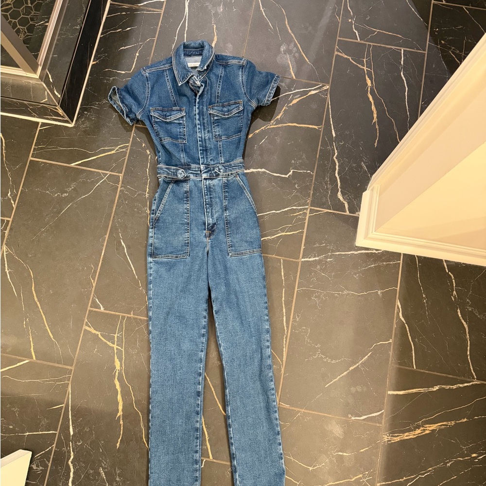 Good American Short-Sleeve Denim Overalls - Medium Blue
